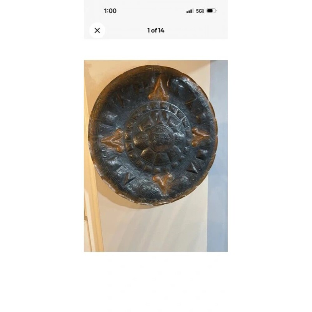 Vintage Mayan Copper Decorative Hanging Wall Plate/Dish 19.5”diameter